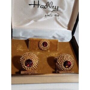 Hadley Retro Vintage Men's Rivoli Cut Red Stone Goldtone Cufflinks & Tie Tack